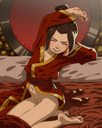  1girl aged_down avatar:_the_last_airbender avatar_legends azula barefoot bed blush brown_hair closed_eyes flat_chest hair_bun highres idfer loli long_sleeves navel nickelodeon no_panties on_bed pillow red_robe robe sitting stretching teeth  rating:Questionable score:170 user:cpee