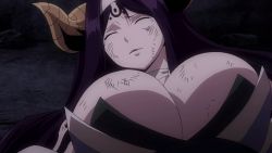  1girl black_bra bra breasts cleavage demon fairy_tail horns japanese_clothes kimono large_breasts long_hair ribbon sayla_(fairy_tail) screencap solo tattoo tears underwear  rating:Questionable score:38 user:danbooru