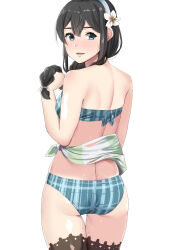  1girl ass bikini black_hair blue_bikini blue_eyes brown_thighhighs chirashi_(so) clothes_lift commentary_request flower hair_flower hair_ornament hairband highres kantai_collection looking_at_viewer no_eyewear official_alternate_costume ooyodo_(kancolle) ooyodo_(swimsuit_mode)_(kancolle) plaid plaid_bikini sarong sarong_lift simple_background solo swimsuit thigh_gap thighhighs white_background white_hairband 
