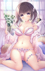  1girl bare_shoulders barefoot blush bow bow_bra bow_panties bra breasts brown_hair closed_mouth collarbone commentary_request curtain_grab curtains feet_out_of_frame flower hair_flower hair_ornament looking_at_viewer medium_breasts navel off_shoulder open_clothes original panties pink_bra pink_flower pink_panties purple_eyes purple_flower see-through sitting smile solo takano_yuki_(allegro_mistic) transparent twintails underwear wariza window 