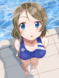 10s 1girl bad_id bad_pixiv_id barefoot blue_eyes blue_one-piece_swimsuit blush breasts cleavage collarbone commentary competition_swimsuit day foreshortening from_above full_body goggles grey_hair highres holding looking_at_viewer love_live! love_live!_sunshine!! medium_breasts one-piece_swimsuit open_mouth outdoors pool poolside qwyte shadow short_hair solo unworn_swim_cap swimsuit thighs watanabe_you water