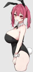  1girl animal_ears black_bow black_bowtie black_leotard blush bow bowtie breasts commentary cropped_legs detached_collar fake_animal_ears fang from_side haseneko heterochromia highres hololive houshou_marine large_breasts leotard looking_at_viewer open_mouth playboy_bunny rabbit_ears rabbit_tail red_eyes red_hair simple_background sweatdrop tail thighs twintails virtual_youtuber wrist_cuffs yellow_eyes 