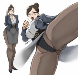  1girl alternate_costume ass black-framed_eyewear blue_jacket breasts brown_eyes brown_hair capcom chun-li clenched_hand closed_mouth collared_shirt commentary dress_shirt earrings fighting_stance formal full_body glasses gluteal_fold grey_shirt hair_bun high_heels higher_resolution_available jacket jewelry kicking large_breasts leotard muscular muscular_female necklace open_mouth pantyhose shibusun shirt side_slit single_hair_bun smile standing street_fighter suit swept_bangs teacher thick_thighs thighs  rating:Sensitive score:106 user:danbooru