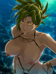  1girl armpits bracelet breasts character_request female_focus female_pubic_hair green_hair hand_on_own_hip highres hip_focus jewelry large_breasts looking_at_viewer lots_of_jewelry mole mole_under_eye navel nipples original pubic_hair schelz short_hair slingshot_swimsuit slit_pupils smile solo standing swimsuit water yellow_eyes zanshomimai  rating:Questionable score:120 user:danbooru