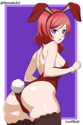  1girl absurdres alternate_costume animal_ears artist_name ass backless_leotard bare_shoulders black_thighhighs blush border breasts dorsalecart fake_animal_ears fake_tail from_behind hairband highres leaning_forward leotard looking_at_viewer looking_back love_live! love_live!_school_idol_project medium_breasts medium_hair nishikino_maki open_mouth playboy_bunny purple_background purple_eyes rabbit_ears rabbit_tail red_hair red_hairband red_leotard shoulder_blush solo tail thigh_gap thighhighs v-shaped_eyebrows white_border wrist_cuffs 