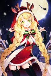 1girl :d animal_ear_fluff animal_ears antlers bell black_thighhighs blonde_hair braid breasts cape christmas cleavage commentary_request cowboy_shot fake_animal_ears full_moon fur_trim garter_straps green_eyes highres hood hood_up horns house jewelry jingle_bell legs_apart long_hair moon night official_art open_mouth outdoors santa_claus santa_costume sleeves_past_wrists smile snowing solo sparkle sword_girls teeth thighhighs twin_braids very_long_hair yuri_(anachronic)