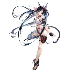  1girl animal_ears arknights arm_up armpits bare_shoulders bikini black_bikini black_gloves black_hair blaze_(arknights) blouse blue_eyes blue_hair breasts cat_ears cat_girl cat_tail choker fingerless_gloves floating_hair full_body gloves groin hairband jewelry large_breasts leg_belt leg_up long_hair looking_at_viewer mismatched_bikini navel necklace official_alternate_costume official_art pouch sandals shirt sleeveless sleeveless_shirt smile solo stomach swimsuit tail thigh_strap thighs torn_clothes torn_shirt transparent_background very_long_hair white_bikini white_shirt yui_(niikyouzou)  rating:Sensitive score:22 user:danbooru