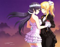 10s 2girls ayase_eli blonde_hair blue_eyes blush boutonniere breasts dress flower formal gloves green_eyes hand_on_own_hip interlocked_fingers long_hair looking_at_another love_live! love_live!_school_idol_project love_wing_bell medium_breasts multiple_girls purple_hair short_hair smile suit tachibana_midori tachibana_roku thighhighs tojo_nozomi tuxedo twintails yume_no_tobira yuri