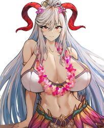  1girl abs alternate_costume artist_name batako_(batakoart) belly bikini blush bra breasts cleavage collarbone eyebrows eyebrows_hidden_by_hair fire_emblem fire_emblem_heroes flower flower_on_head freyja_(fire_emblem) freyja_(summer)_(fire_emblem) highres horns huge_breasts leaning leaning_to_the_side long_hair looking_at_viewer navel neck nintendo official_alternate_costume red_eyes simple_background smile solo stomach swimsuit thighs underwear very_long_hair white_background white_hair  rating:Sensitive score:10 user:SylvanDragon