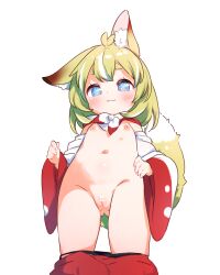  1girl :3 animal_ear_fluff animal_ears babalilo bar_censor blue_eyes blush bob_cut breasts censored cleft_of_venus clothes_lift clothes_pull commentary_request cowboy_shot dot_nose flat_chest fox_ears fox_girl fox_tail from_below gluteal_fold green_hair green_tail hand_on_own_hip highres loli long_sleeves looking_at_viewer looking_down navel nipples nontraditional_miko original pants pants_pull pussy shirt_lift short_eyebrows short_hair solo tail thick_eyebrows white_background wide_sleeves  rating:Explicit score:92 user:danbooru