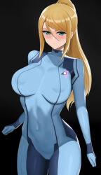  1girl arms_at_sides black_background blonde_hair blue_bodysuit blush bodysuit breasts closed_mouth commentary covered_navel cowboy_shot green_eyes hair_between_eyes high_ponytail highres higofushi large_breasts long_hair looking_at_viewer metroid metroid:_zero_mission mole mole_under_mouth nintendo ponytail revision samus_aran sidelocks skin_tight solo standing thighs zero_suit 