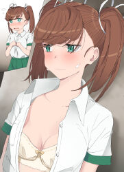 1girl blush bow bra breasts brown_hair cleavage collarbone embarrassed exposing_self green_eyes hair_bow hair_ornament looking_to_the_side multiple_views nanase_(under_night_in-birth) shirt short_sleeves small_breasts solo sweat touniyuu twintails unbuttoned unbuttoned_shirt under_night_in-birth under_night_in-birth_exe:late[st] underwear