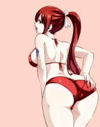 1girl ass bare_shoulders bikini breasts brown_eyes erza_scarlet fairy_tail from_behind hand_on_own_ass large_breasts long_hair looking_back mashima_hiro open_mouth pink_background ponytail red_bikini red_hair sidelocks simple_background solo swimsuit tattoo rating:Sensitive score:154 user:danbooru