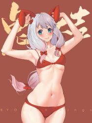  1girl absurdres aged_up animal_ears armpits arms_up artist_name blush bow bow_bra bowtie bra breasts closed_mouth commentary cowboy_shot english_commentary eromanga_sensei fake_animal_ears grey_hair hair_bow highres izumi_sagiri long_hair looking_at_viewer low-tied_long_hair medium_breasts mixed-language_commentary navel new_year onion_rings_(artist) panties rabbit_ears red_background red_bow red_bowtie red_bra red_panties sidelocks simple_background smile solo standing text_background thigh_gap underwear underwear_only 
