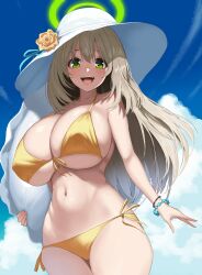  1girl :d absurdres bikini blue_archive blue_sky bracelet breasts cloud commentary_request day flower gen_(black_factory) green_halo halo hat highres huge_breasts jewelry looking_at_viewer navel nonomi_(blue_archive) nonomi_(swimsuit)_(blue_archive) official_alternate_costume open_mouth outdoors revision rose side-tie_bikini_bottom sky smile solo swimsuit teeth thighs upper_teeth_only white_hat yellow_bikini yellow_flower yellow_rose  rating:Sensitive score:33 user:danbooru