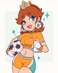 1girl ball blue_eyes breasts brown_hair cremanata crown earrings flower_earrings gloves highres jewelry mario_(series) midriff navel nintendo open_mouth princess_daisy short_sleeves shorts soccer_ball solo strikers_daisy super_mario_strikers thighs thumbs_up  rating:Sensitive score:49 user:Mr._Jive