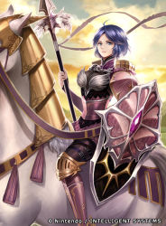 1girl armor armored_boots blue_eyes blue_hair boots feathers female_knight fire_emblem fire_emblem:_mystery_of_the_emblem fire_emblem_cipher horse knight lance matching_hair/eyes midia momori nintendo official_art polearm shield short_hair solo weapon rating:Sensitive score:13 user:danbooru
