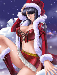  1girl black_hair blush boots breasts bustier choker christmas cleavage corset female_focus fringe_trim front-tie_top fur_trim hat kagami_hirotaka lace_up_front large_breasts legs lingerie long_hair looking_at_viewer midriff miniskirt navel nico_robin one_piece outdoors pencil_skirt red_footwear santa_costume santa_hat shoes skirt smile snow snowing solo underwear yellow_eyes  rating:Questionable score:110 user:danbooru