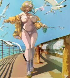  1girl ahoge anis_(nikke) anis_(sparkling_summer)_(nikke) aviator_sunglasses bare_shoulders bikini blush breasts brown_hair cameltoe can covered_erect_nipples drink_can eyepatch_bikini eyewear_on_head goddess_of_victory:_nikke highres holding holding_can jacket jewelry large_breasts looking_at_viewer navel necklace official_alternate_costume okota_(pixiv) short_hair skindentation smile soda_can solo star_(symbol) star_necklace sunglasses sweat swimsuit thighs tinted_eyewear white_bikini yellow_jacket 
