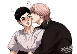  2boys black_eyes black_hair black_sweater blush brown_eyes character_request commentary dated grey_shirt heart highres hug jinx_(manhwa) male_focus multiple_boys nanhunterartist open_mouth pink_hair shirt short_hair short_sleeves signature spoken_heart surprised sweatdrop sweater symbol-only_commentary teeth upper_body yaoi 