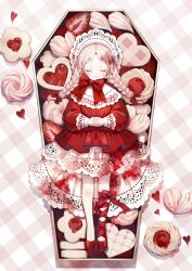  1girl absurdres ambiguous_red_liquid bow box braid closed_eyes coffin commentary_request cookie dress food frilled_dress frills fruit full_body hair_bow heart heart-shaped_cookie highres hitoba in_box in_container interlocked_fingers jam lace lace-trimmed_dress lace_trim leg_ribbon long_hair long_sleeves lying on_back original red_bow red_dress red_footwear red_ribbon red_theme ribbon shoes solo straight-on strawberry strawberry_slice thumbprint_cookie twin_braids  rating:General score:2 user:danbooru