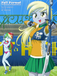  2girls archery arrow_(projectile) blonde_hair blue_skin bow_(weapon) colored_skin derpy_hooves gloves grey_skin happy highres long_hair midriff multicolored_hair multiple_girls my_little_pony my_little_pony:_equestria_girls my_little_pony:_friendship_is_magic open_mouth personification pink_eyes rainbow_dash rainbow_hair skirt surprised tagme tank_top uotapo weapon yellow_eyes  rating:Sensitive score:35 user:indridcold13
