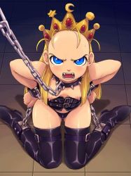 1girl angry bdsm blonde_hair blue_eyes bondage boots bound breasts capcom chain chain_leash collar crown cyberbots devilot_de_deathsatan_ix fangs forehead hair_slicked_back hat leash loli long_hair nipples princess saikyou_anaheim slave small_breasts solo spiked_collar spikes stupa13a thigh_boots thighhighs rating:Questionable score:150 user:danbooru
