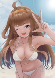  1girl ;d ahoge beach bikini blue_sky blunt_bangs breasts brown_hair cleavage collarbone commentary_request double_bun front-tie_bikini_top front-tie_top gluteal_fold gucchi_(gucchi_zuizui) hair_bun hairband hand_up kantai_collection kongou_(kancolle) large_breasts leaning_forward long_hair looking_at_viewer one_eye_closed open_mouth outdoors purple_eyes side-tie_bikini_bottom sky smile solo sun swimsuit teeth upper_teeth_only w white_bikini 