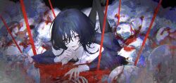  1girl black_dress black_hair black_pantyhose blood blurry blurry_foreground bone cg_gs6 dress grey_eyes hair_between_eyes highres legs_up long_sleeves looking_at_viewer lying on_stomach open_mouth original pantyhose skull smile solo the_pose 