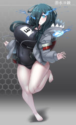  1girl absurdres abyssal_ship aqua_eyes aqua_hair bare_legs barefoot black_one-piece_swimsuit blush breasts commentary_request covered_navel glowing glowing_eyes hair_over_one_eye highres hood hood_down hoodie huge_breasts jacket kantai_collection konoshige_(ryuun) long_hair long_sleeves looking_at_viewer one-piece_swimsuit open_mouth pale_skin rigging school_swimsuit simple_background solo swimsuit yo-class_submarine 