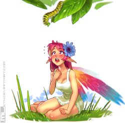  1girl barefoot blush breasts bug caterpillar cleavage commentary dress erylia_(mleth) fairy fairy_wings flower hair_flower hair_ornament highres medium_breasts mini_person minigirl mleth multiple_wings open_mouth original pink_eyes pink_hair pointy_ears sitting solo surprised watermark web_address white_dress wings yokozuwari 