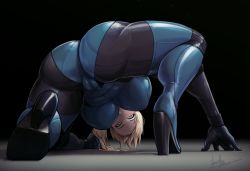  1girl all_fours ass black_bodysuit blonde_hair blue_bodysuit blue_eyes blue_panties bodysuit boots breasts cameltoe capcom clenched_hand crossover devilhs from_behind high_heel_boots high_heels highres huge_ass huge_breasts jill_valentine lips looking_back metroid multicolored_bodysuit multicolored_clothes nintendo nose panties ponytail resident_evil resident_evil_5 samus_aran skin_tight solo underwear  rating:Questionable score:193 user:danbooru