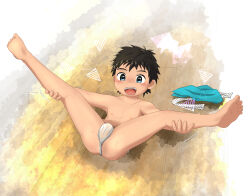  1boy absurdres aota_x blue_eyes blush fundoshi highres japanese_clothes male_focus nipples original presenting shota solo solo_focus spread_legs topless  rating:Questionable score:46 user:Shanmao