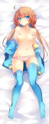 1girl absurdres ahoge blue_eyes blue_jacket blue_thighhighs breasts brown_hair cameltoe character_request commentary_request copyright_request dakimakura_(medium) full_body fuuen_(akagaminanoka) highres jacket long_hair lying navel nipples off_shoulder on_back panties short_hair_with_long_locks small_breasts solo striped_clothes striped_panties thighhighs underwear virtual_youtuber