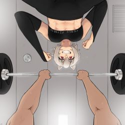  1girl abs absurdres arms_up barbell bench_press collarbone commentary elbow_gloves english_commentary from_below gloves highres inubashiri_momiji looking_at_viewer pov ramnik5 red_eyes smile sports_bra touhou upside-down white_hair wolf  rating:Sensitive score:35 user:danbooru