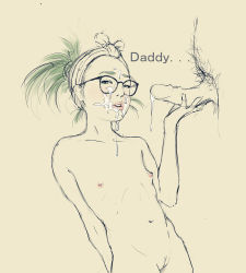  1boy 1girl absurdres aftersex age_difference backpack bag blush breasts cleft_of_venus collarbone cum cum_on_eyewear cumdrip english_text eyebrows eyelashes facial flat_chest glasses green_eyes green_hair groin hetero highres lips loli looking_at_viewer male_pubic_hair navel nekonamero nipples nose nude parted_lips pejineko penis penis_grab pubic_hair pussy short_hair simple_background sketch solo_focus tagme teeth text_focus 