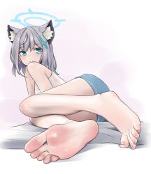  1girl animal_ears barefoot blue_archive blue_eyes feet grey_hair highres long_hair looking_at_viewer shiroko_(blue_archive) shirow_(mha03133) soles toes 