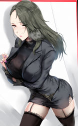 10s 1girl black_hair border bra bra_visible_through_clothes contrapposto formal from_above garter_straps heavy_breathing hews long_hair miniskirt niijima_sae one_eye_closed parted_lips pencil_skirt persona persona_5 presenting red_border see-through skirt standing thighhighs underwear rating:Questionable score:117 user:danbooru