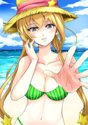  1girl absurdres beach bikini blonde_hair blue_sky blush breasts cleavage cloud day earrings hat highres jewelry long_hair medium_breasts ocean original outdoors outstretched_hand sand sky smile solo star_(symbol) star_earrings straw_hat summer swimsuit ugly_ink water 