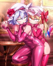  2girls alcohol alternate_costume blonde_hair blue_hair blush bodysuit bow breasts commentary_request covered_navel crystal cup elbow_gloves fangs fangs_out feet_out_of_frame finger_in_own_mouth flandre_scarlet french_commentary glass gloves hand_on_another&#039;s_shoulder hat hat_bow holding holding_cup ice ice_cube indoors leaning_forward leotard long_hair looking_at_viewer medium_bangs mirror mixed-language_commentary mob_cap multiple_girls on_one_knee open_mouth pink_bodysuit pink_eyes pink_gloves pink_leotard pink_thighhighs red_bow remilia_scarlet shimizu_pem short_hair siblings sisters small_breasts smile stool table thighhighs touhou v-shaped_eyebrows whiskey white_hat wings 