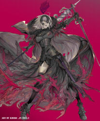  1girl absurdres ahoge armor armored_dress banner black_cape black_dress black_thighhighs breasts cape chain dress fate/grand_order fate_(series) faulds flag full_body fur-trimmed_cape fur_trim gauntlets headpiece highres hiro_(user_negm3832) holding holding_flag holding_sword holding_weapon jeanne_d&#039;arc_alter_(avenger)_(fate) jeanne_d&#039;arc_alter_(avenger)_(first_ascension)_(fate) jeanne_d&#039;arc_alter_(fate) large_breasts looking_at_viewer plackart short_hair smile solo standard_bearer sword thighhighs torn_cape torn_clothes weapon white_flag white_hair yellow_eyes 