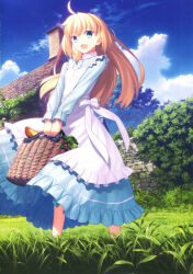  1girl absurdres ahoge apron artoria_pendragon_(all) artoria_pendragon_(fate) basket blonde_hair blue_sky chimney cloud fate_(series) grass green_eyes happy highres holding holding_basket light_blue_dress long_hair non-web_source official_art open_mouth outdoors saber_(fate) scan sky smile solo stone_wall takeuchi_takashi tree wall white_apron 