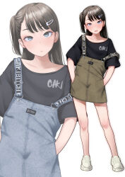  1girl bare_legs black_hair black_shirt blush closed_mouth collarbone cowboy_shot full_body grey_eyes hair_ornament hands_in_pockets highres legs long_hair looking_at_viewer multiple_views natsui_tuna one_side_up open_mouth original overall_skirt oversized_clothes oversized_shirt paid_reward_available shadow shirt shoes short_sleeves simple_background sneakers standing white_background white_footwear 