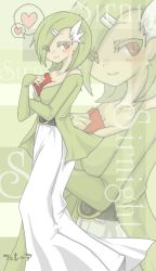  1girl between_breasts blush book breasts cleavage colored_eyelashes eyelashes gardevoir gen_3_pokemon green_hair heart nintendo personification pinky_out pokemon red_eyes short_hair smile solo spoken_heart zoom_layer  rating:Sensitive score:46 user:danbooru