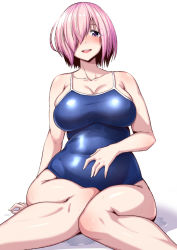 1girl :d alternate_costume blush breasts cleavage competition_school_swimsuit fate/grand_order fate_(series) hair_over_one_eye highres large_breasts light_purple_hair mash_kyrielight nokoppa open_mouth plump purple_eyes school_swimsuit short_hair simple_background sitting smile solo swimsuit teeth wariza wet white_background rating:Sensitive score:21 user:danbooru