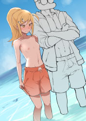  1boy 1girl abs absurdres ahoge bare_pectorals beach blonde_hair blush breasts bulge character_request closed_mouth crossdressing crossed_arms day drawstring embarrassed erection erection_under_clothes hair_ornament highres jacket jikkyou_powerful_pro_yakyuu legs looking_down male_swimwear male_swimwear_challenge medium_hair nipples ocean open_clothes open_jacket original outdoors oyama_miyabi pectorals perky_breasts ponytail red_male_swimwear red_swim_trunks sleeves_rolled_up small_breasts standing sweat swim_trunks swimsuit terasu_mc topfreedom topless wading water yellow_eyes  rating:Questionable score:418 user:Alkin