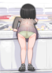 1girl ass bare_legs bent_over black_hair dress female_focus from_behind full_body j7w loli long_sleeves original panties polka_dot polka_dot_panties reaching see-through shoes solo underwear rating:Questionable score:92 user:Domestic_Importer