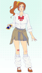  1girl absurdres adapted_costume alternate_hairstyle arm_at_side bandaid bandaid_on_knee bandaid_on_leg bleach blue_eyes bobby_socks bow breasts brown_eyes brown_footwear brown_hair cellphone clothes_around_waist collarbone collared_shirt commentary dress_shirt eyelashes full_body grey_skirt gyaru hair_ornament hair_scrunchie hand_up highres holding holding_phone inoue_orihime large_breasts light_blush lips long_hair long_sleeves looking_up miniskirt parted_bangs parted_lips phone pleated_skirt polka_dot polka_dot_background red_bow school_uniform scrunchie shirt simple_background skirt sleeves_rolled_up smartphone socks solo standing tareme two-tone_eyes wavy_hair white_background white_shirt white_socks yellow_scrunchie yshjsw 