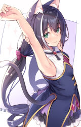  1girl animal_ear_fluff animal_ears arm_up armpits black_hair cat_day cat_ears cat_girl cat_tail dated green_eyes hair_between_eyes karyl_(princess_connect!) long_hair looking_at_viewer low_twintails multicolored_hair no_detached_sleeves nozomi_tsubame princess_connect! solo streaked_hair tail twintails very_long_hair white_hair 