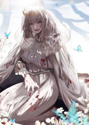  1boy absurdres antinese blood blood_on_clothes blood_on_face blood_on_hands blue_eyes bug butterfly cloak crown diamond_hairband fate/grand_order fate_(series) flower fur-trimmed_cloak fur_trim grey_hair highres insect long_sleeves looking_at_viewer male_focus medium_hair no_wings oberon_(fate) shirt sitting smile solo wariza white_cloak white_flower 
